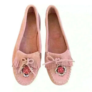 Rampage Lindy Moccasins Pink Suede Leather Size 8 Beaded Boho